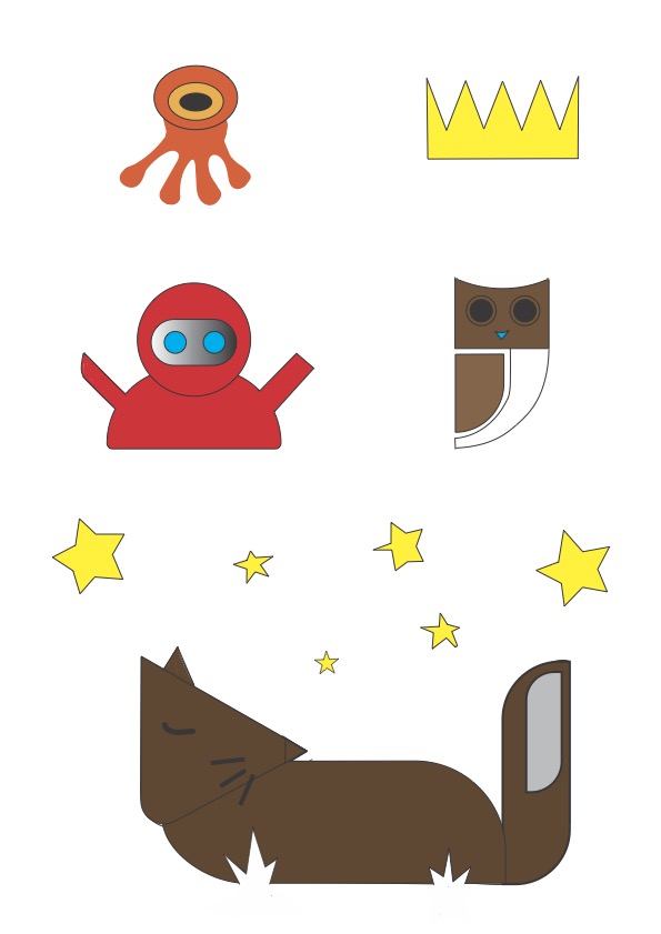Tracing and colourization of an octopus, crown, robot, owl, and fox